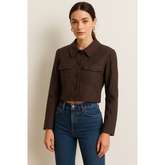 Chanel Authentic Linen Cropped Cinched Utility Jacket Top Chocolate Brown 36 Y2K - Picture 1 of 11